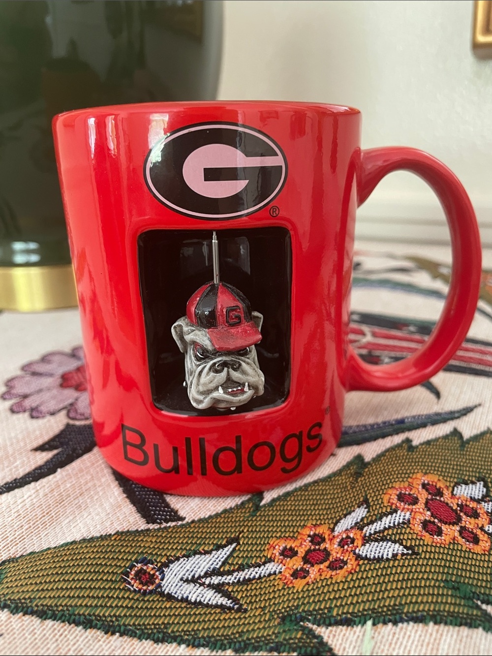 UGA Ceramic Mug with 3D Bulldog Ornament/ Spinner